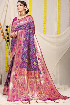 Navy Blue Patola Silk Multicolor Woven Patola Saree
