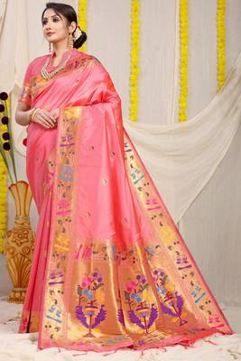 Light Pink Woven Paithani Silk Blend Saree With Blouse 1
