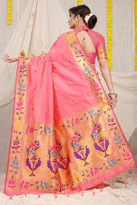 Light Pink Woven Paithani Silk Blend Saree With Blouse 2