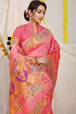 Light Pink Woven Paithani Silk Blend Saree With Blouse 3