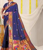 Navy Blue Woven Paithani Silk Blend Saree With Blouse