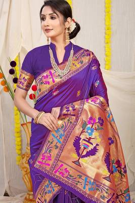 Purple woven paithani silk saree with blouse 3