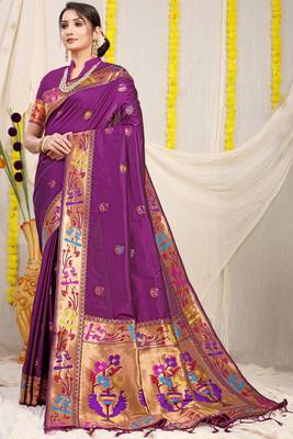 Wine Woven Paithani Silk Blend Saree With Blouse 1