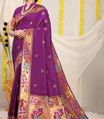 Wine Woven Paithani Silk Blend Saree With Blouse