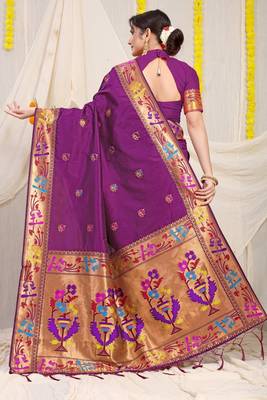 Wine Woven Paithani Silk Blend Saree With Blouse 2