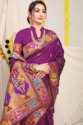 Wine Woven Paithani Silk Blend Saree With Blouse 3