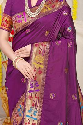 Wine Woven Paithani Silk Blend Saree With Blouse 4
