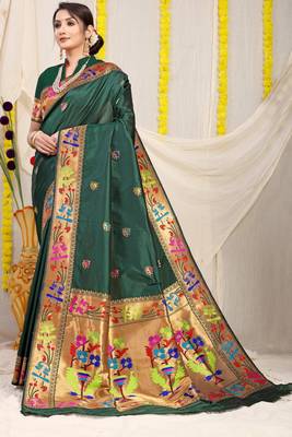 Teal Woven Paithani Silk Blend Saree With Blouse 1