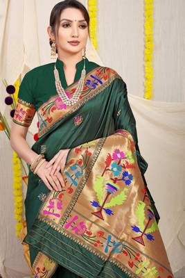 Teal Woven Paithani Silk Blend Saree With Blouse 3