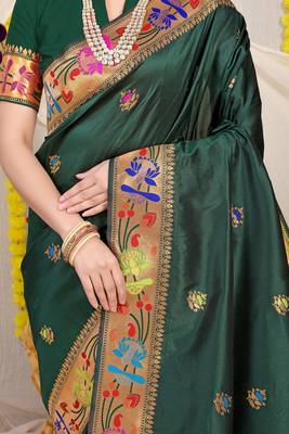 Teal Woven Paithani Silk Blend Saree With Blouse 4