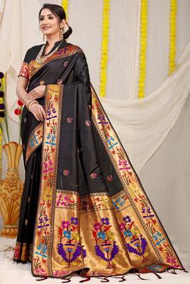 Black Woven Paithani Silk Blend Saree With Blouse 1