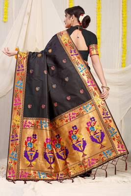 Black Woven Paithani Silk Blend Saree With Blouse 2