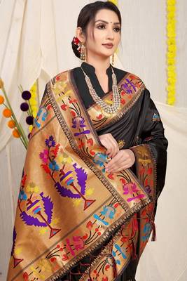 Black Woven Paithani Silk Blend Saree With Blouse 3