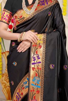 Black Woven Paithani Silk Blend Saree With Blouse 4