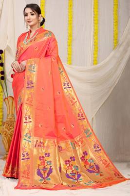Peach woven paithani silk saree with blouse 1