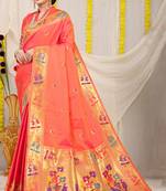 Peach woven paithani silk saree with blouse