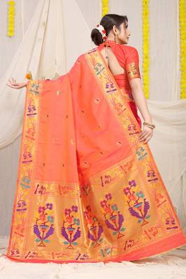 Peach woven paithani silk saree with blouse 2