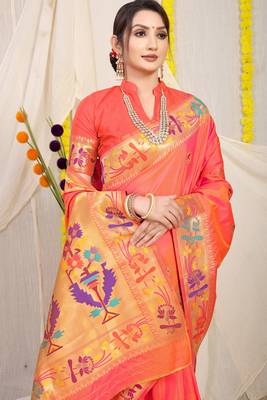 Peach woven paithani silk saree with blouse 3
