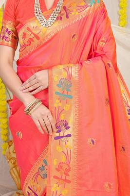 Peach woven paithani silk saree with blouse 4