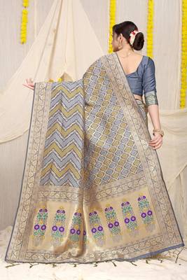 Grey Woven Art Silk Saree With Blouse 2
