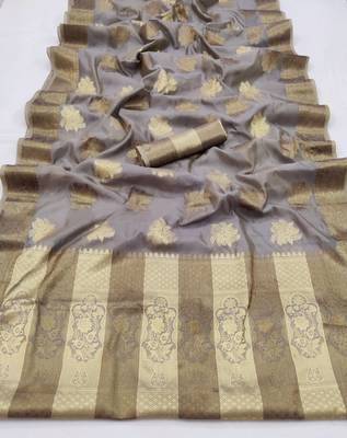 Dark Grey Woven Organza Saree With Blouse 1