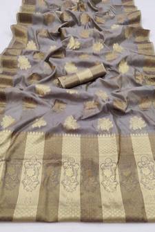 Dark Grey Woven Organza Saree With Blouse