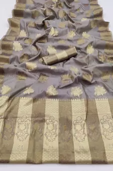 Dark Grey Woven Organza Saree With Blouse
