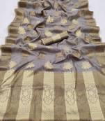 Dark Grey Woven Organza Saree With Blouse
