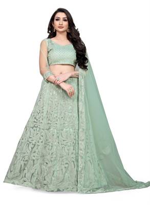 Light-green embroidered net semi stitched lehenga 1