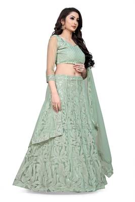 Light-green embroidered net semi stitched lehenga 3