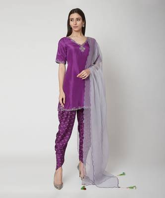  Purple embroidered Short Kurta with dhoti and dupatta 1