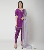  Purple embroidered Short Kurta with dhoti and dupatta