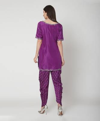  Purple embroidered Short Kurta with dhoti and dupatta 2