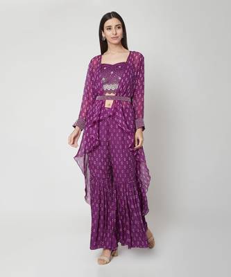  Purple Embellished handwork blouse with sharara and cape with belt  1