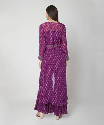  Purple Embellished handwork blouse with sharara and cape with belt  2