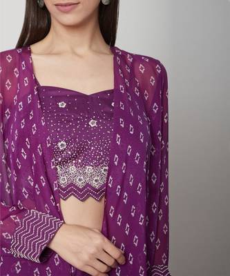  Purple Embellished handwork blouse with sharara and cape with belt  3