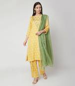  Yellow Printed kurta set with palazzo and dupatta