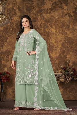 Sea-green thread embroidery net salwar 1