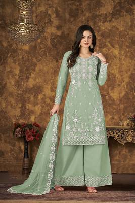 Sea-green thread embroidery net salwar 2