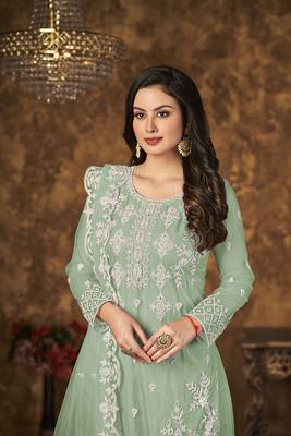 Sea-green thread embroidery net salwar 3