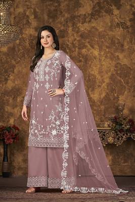 Mauve thread embroidery net salwar 1