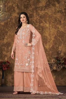 Peach thread embroidery net salwar 1