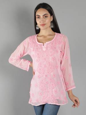 Hand Embroidered Lucknowi Chikankari Pink Georgette Short Top with Slip 1