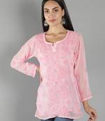 Hand Embroidered Lucknowi Chikankari Pink Georgette Short Top with Slip