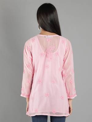 Hand Embroidered Lucknowi Chikankari Pink Georgette Short Top with Slip 2