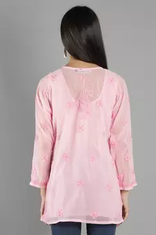 Hand Embroidered Lucknowi Chikankari Pink Georgette Short Top with Slip