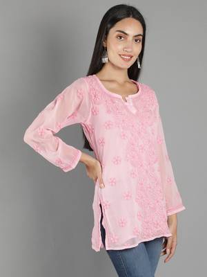 Hand Embroidered Lucknowi Chikankari Pink Georgette Short Top with Slip 3