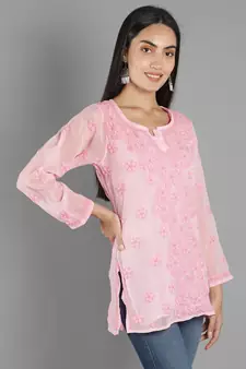 Hand Embroidered Lucknowi Chikankari Pink Georgette Short Top with Slip