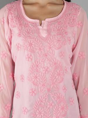 Hand Embroidered Lucknowi Chikankari Pink Georgette Short Top with Slip 4