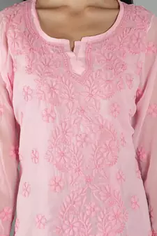 Hand Embroidered Lucknowi Chikankari Pink Georgette Short Top with Slip